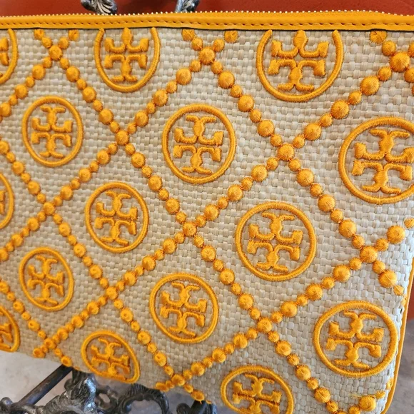 NWOT Tory Burch Orange Citrine T Monogram Embroidered Straw Clutch Purse - Picture 9 of 10